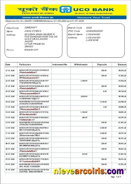 INDIA UCO bank statement, Word and PDF format, version 2